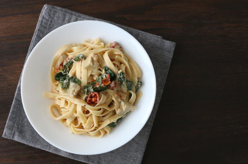 Fettuccine with Spinach, Sun-Dried Tomatoes, Artichokes, and Homemade Alfredo Sauce